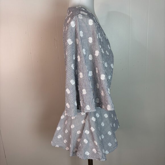 LOFT Wrap Top Medium Blue White Striped Polka Dot Short Sleeve Cotton Blouse - Picture 6 of 9